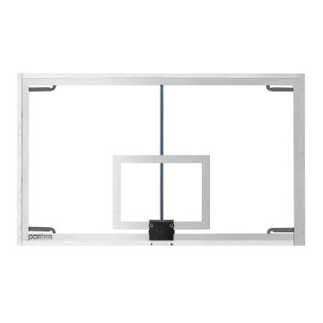 Clear rectangular basketball backboard with a white target box and support structure, featuring a metal frame labeled "Porter" in the lower left corner.