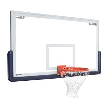 Angled view of a glass basketball backboard with blue safety padding and an attached orange rim and white net.