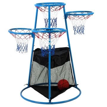 A blue tubular metal frame with a black mesh storage bag on a white background. Frame holds four blue basketball goal rings with red, white, and blue nets.