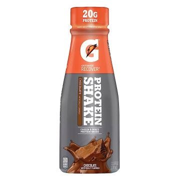 front view of a gatorade recovery chocolate artificially flavored protein shake. casein and whey protein shake. with 20 grams of protein and 280 calories per bottle; 11.16 fl oz; 12 case