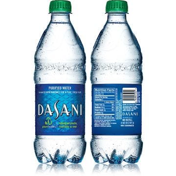 front and back view of dasani purified water. enhanced with minerals for a pure fresh taste. redesigned plastic, recyclable as ever; zero calories; 20oz. 24 per case. 