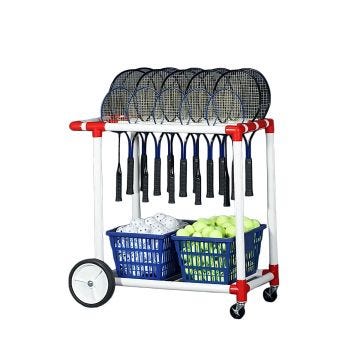 Rolling storage cart with a red and white PVC frame, holding a full set of tennis and badminton rackets on top. Below, two blue baskets filled with tennis balls and shuttlecocks.
