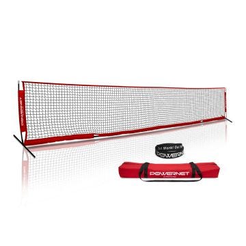 Red and black freestanding portable net system with carrying bag and wristband, branded POWERNET.