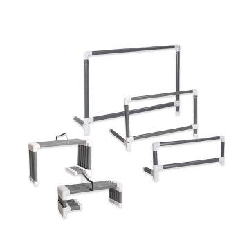 A modular fitness hurdle system in various configurations.