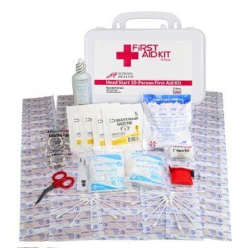 Head Start first aid kit with various bandages, gauze pads and rolls, disposable temperature reader, instant cold compress, Q-tips, scissors, disposable gloves, and more. Please read description for component details.