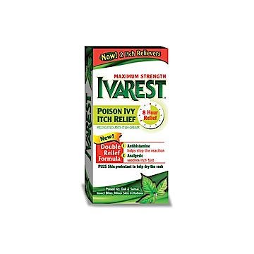 maximum strength ivarest poison ivy itch relief cream in package box. A medicated anti-itch cream that provides 8 hour relief; plus a skin protectant to help dry the rash. use for position ivy, oak and sumac, insect bites, minor skin irritations