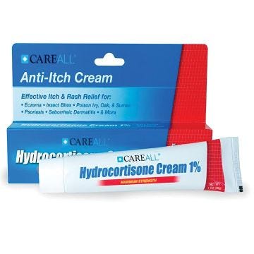 CAREALL hydrocortisone cream 1 percent maximum strength anti-itch cream displayed outside of box.  An effective itch and rash relief cream for: eczema, insect bites, poison ivy, oak and sumac, psoriasis, seborrheic dermatitis, and more.