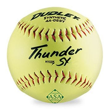 Yellow Dudley Thunder SY synthetic softball with red stitching and ASA certification stamp.
