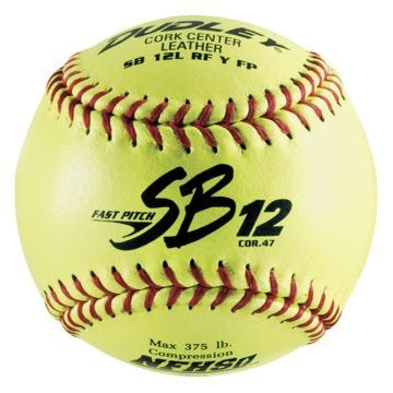 Dudley SB12 fast pitch yellow leather softball with red stitching, cork center, COR.47, and NFHS stamp.