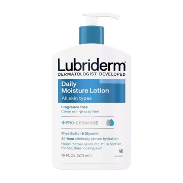 White bottle with blue and black words saying Lubriderm Daily Moisture Lotion, Fragrance Free, 16 fl oz.