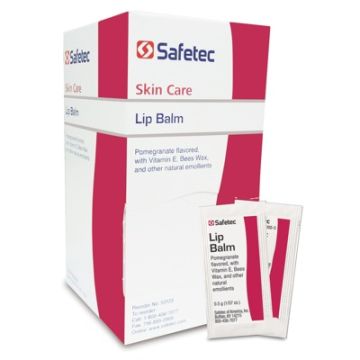 Front view of box of Safetec Pomegranate Flavored Lip Balm