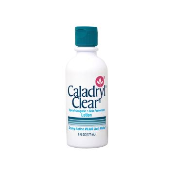 Caladryl clear, anti-itch lotion in white bottle with blue cap