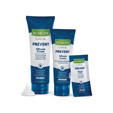 front view of 3 remedy clinical silicone cream sizes shown as a 2 oz.; 4 oz. and 4mL/144 packets in case