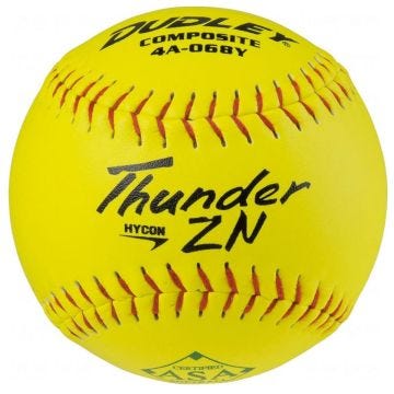 Dudley Thunder ZN Hycon composite softball in optic yellow with red stitching; ASA certified.