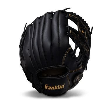 Front and back view of a baseball glove from the Franklin Fieldmaster series. The glove is crafted in black leather with gold accents, featuring durable stitching and a hand-formed pocket.