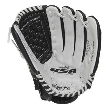 Rawlings RSB 13-inch softball glove with black and gray leather construction, featuring a Basket-Web design and labeled for softball use.