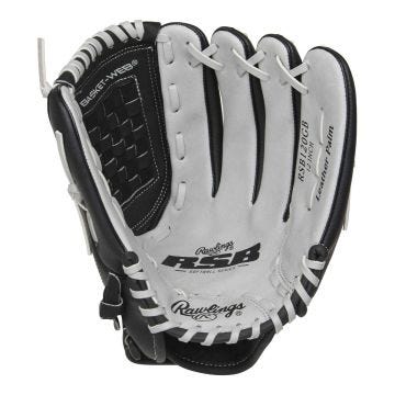 Rawlings RSB 12-inch softball glove with black and gray leather construction, featuring a Basket-Web design and labeled for softball use.