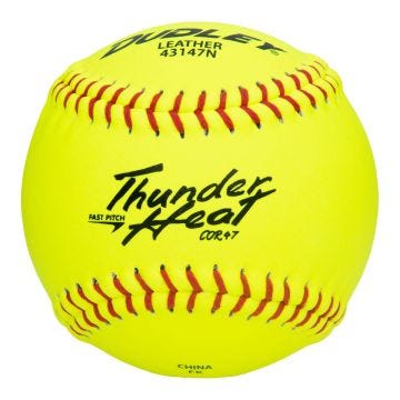 Dudley Thunder Heat leather fast pitch softball with optic yellow cover; red stitching; and COR .47 marking.Dudley Thunder Heat leather fast pitch softball with optic yellow cover; red stitching; and COR .47 marking.
