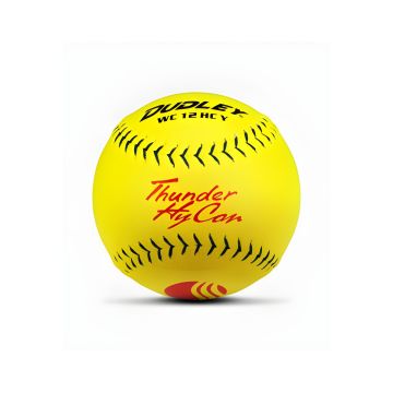 Dudley Thunder HyCon WC 12 HCY softball featuring an optic yellow cover; red Thunder HyCon logo; and black arrow-style stitching.