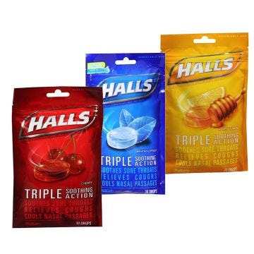 halls menthol cough suppressant/oral anesthetic triple soothing action that soothes sore throats, relieves coughs, and cools nasal passages