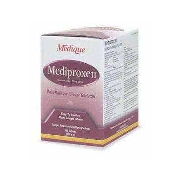 Side angle of box of 100 Mediproxen tablets (Compare Active Ingredient to Aleve; Naproxen Sodium 220mg)