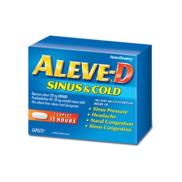 Front view box of Aleve cold and sinus caplets . It provides 12 hour multi-symptom relief of sinus pressure, headache, nasal congestion and body aches. 20 Count