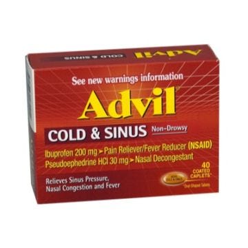 Front view of non- drowsy Advil cold and sinus caplets for sinus headache, nasal congestion and fever relief. 40 coated caplets in box. 