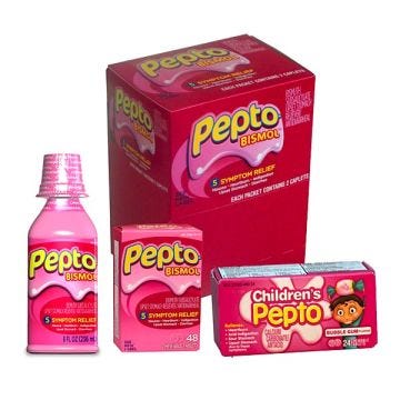 pepto bismol five symptom relief for nausea, heartburn, indigestion, upset stomach, diarrhea in caplets, chewable tablets, 8 oz. and 16 oz. liquid