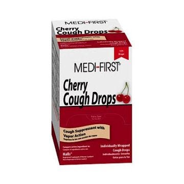 Front view of box of 125 Cherry Medi-First Menthol Cough Drops