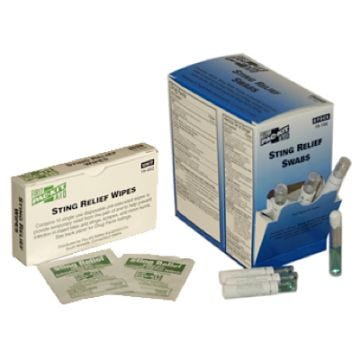 Front view of boxes of Sting Relief Swabs and Wipes
