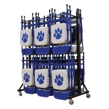 A storage cart holding multiple blue and white folding chairs with blue paw print designs on the seat backs.