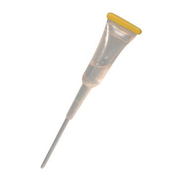 Clear plastic vial with long tip, filled with Histoacryl Topical Skin Adhesive