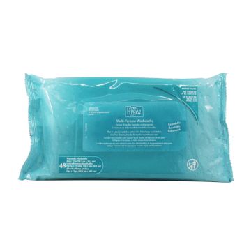 Front view of closed package of multipurpose and disposable Hygea Personal Cleansing Cloths with 48 per package