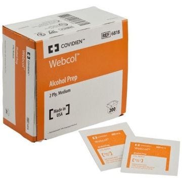 Front view of box of 200 Medium Webcol Alcohol Prep Pads 