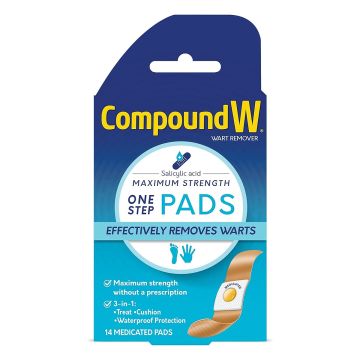 Compound W  Wart Remover Salicylic Acid Maximum Strength One Step Pads that effectively removes warts without a prescription; 3-in-1 treat and cushion; waterproof; 14 medicated pads