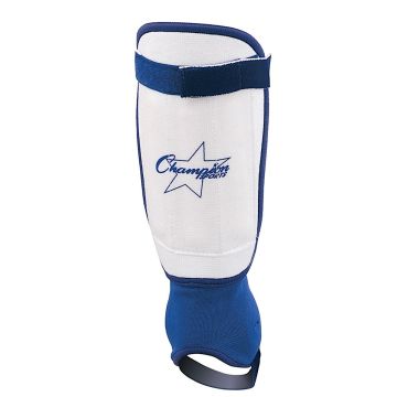 A close-up image of a Champion Sports shin guard with a blue and white design. The shin guard features a Velcro strap at the top and an elastic foot strap at the bottom.