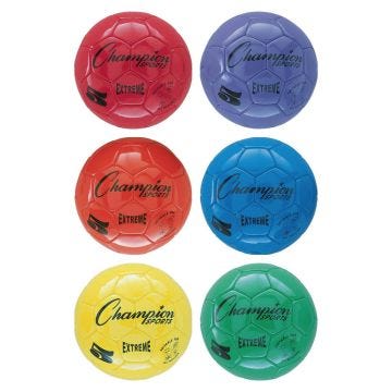 A set of six Champion Sports Extreme soccer balls in red; orange; yellow; green; blue; and purple. Each ball is labeled "5 Extreme"