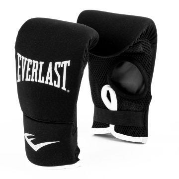 One pair of black boxing gloves with the name Everlast printed in white on the backside of the left glove. The right glove shows the palm side.