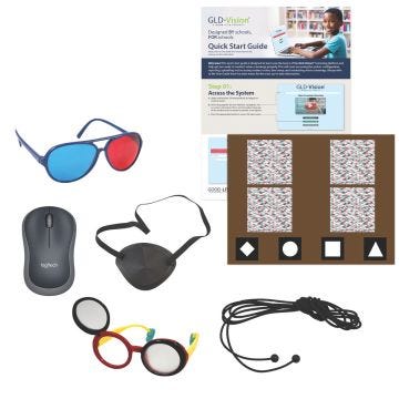 Support kit includes red/blue stereopsis testing glasses, wireless USB mouse, black eye patch with elastic band, frosted flip up occluding glasses, black 10' cord that can be used to measure screening distance, Near stereopsis testing card, and GLD Vision