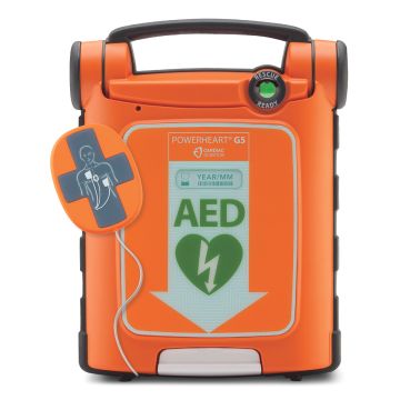 Front view of the Zoll Powerheart G5 AED; fully automatic; dual language device in English and Spanish featuring one icpr electrode pad in orange.