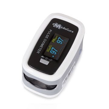 Top view of MedaCure Fingertip Pulse Oximeter featuring digital screen displaying SpO2/PRbpm readings in lateral view