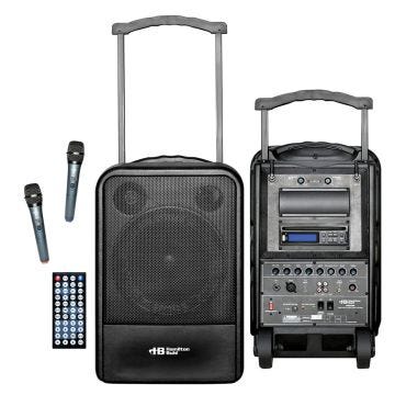 Front, speaker side, of the PA system is shown, as well as the back side. Back side shows knobs and buttons for operation. A pull handle is shown sticking out of the top. A push button remote control and 2 wireless microphones are also shown.