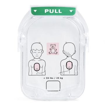 Clear plastic case with pediatric image positions of pad placement