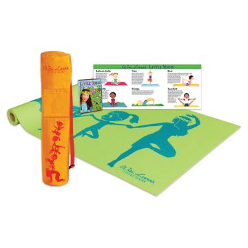 Orange Wai Lana's tote bag, green Wai Lana's yoga mat with dark gray cartoons, DVD, and poster with six yoga positions.