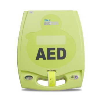 Front view of Zoll AED Plus Semi-Automatic Defibrillator, a light green colored AED on a white background.