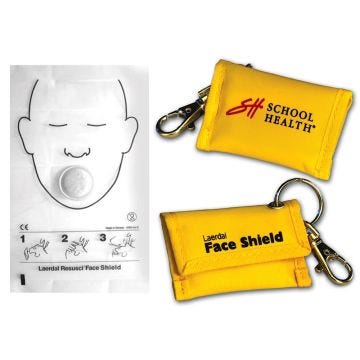 Front and back view of School Health Key Ring Face Shield with directions