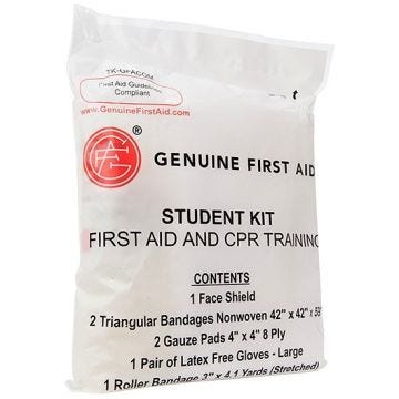 Student CPR and Training Kit with 1 Face Shield, 2 Nonwoven Triangular Bandages (42" x 42" x 59"), 2 Gauze Pads (4" x 4"), 1 Pair Large Latex Free Gloves and 1 Roller Bandage (3" x 4.1 yds.)