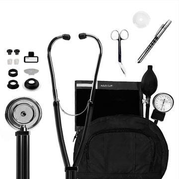 the kit includes a stethoscope; plastic stethoscope id tag; tape measure; 5.5 inch stainless steel lister bandage scissor; penlight; an aneroid sphygmomanometer with inflation bulb; a classic android manometer and fanny pack. 