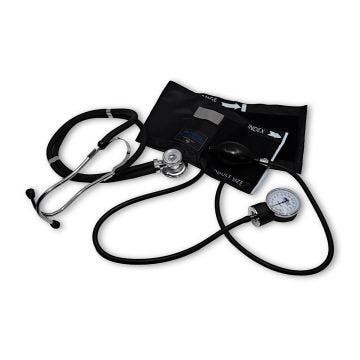A black stethoscope and black cuff with aneroid and inflatable bulb