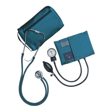 A teal stethoscope; a teal aneroid sphygmomanometer with an inflation bulb; and a teal carrying case for the kit.